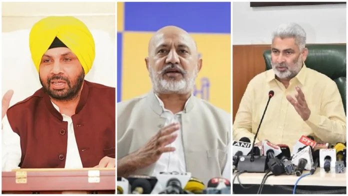 ‘ਆਪ’ ਆਗੂ ਹਰਪਾਲ ਸਿੰਘ ਚੀਮਾ, ਲਾਲ ਚੰਦ ਕਟਾਰੂਚੱਕ ਅਤੇ ਬਲਤੇਜ ਪੰਨੂੰ ਚੰਡੀਗੜ੍ਹ ਵਿੱਚ ਪ੍ਰੈਸ ਕਾਨਫਰੰਸ ਨੂੰ ਸੰਬੋਧਨ ਕਰਦੇ ਹੋਏ।